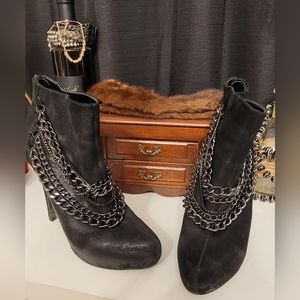 Michael Leather Chain Drape Stiletto Ankle Boots